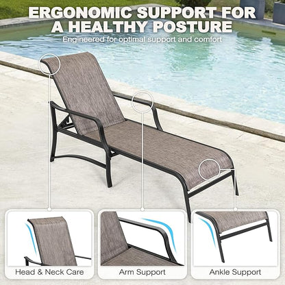 NUU GARDEN Outdoor Chaise Lounge Set of 3, Textilene Patio Chaise Lounges with 5-Level Adjustable Backrest, Outdoor Chaise Lounge Chairs, Sunbathing Loungers, Side Table Included, Black and Brown