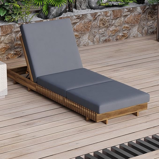 Christopher Knight Home Habers Acacia Acacia Wood Chaise Lounge with Triple Folds Cushion, Outdoor Sun Lounger with Adjustable Backrest, 77'' Patio Recliner Chair for Poolside Backyard, Teak+Dark Gray