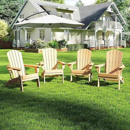 Folding Adirondack Chair Set of 4，Wooden Textured Fire Pit Chair with Cup Holder, Heavy All-Weather HDPE Plastic Outdoor Patio Chairs for Poolside Backyard Patio Outdoor Garden