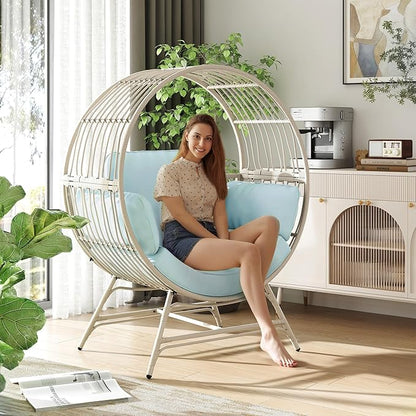 Fancyango Egg Chair Outdoor Indoor, Oversized Rattan Chair with Thicken Cushion, 350LBS Capacity Wicker Patio Lounge Chair, Basket Chair for Living Room Balcony Porch Backyard, Blue