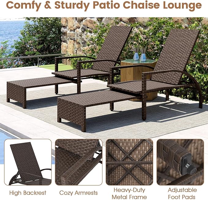 Tangkula Lounge Chair Outdoor with Retractable Ottoman, Patio Rattan Chaise Lounge with 6-Level Adjustable Backrest - Photo 8