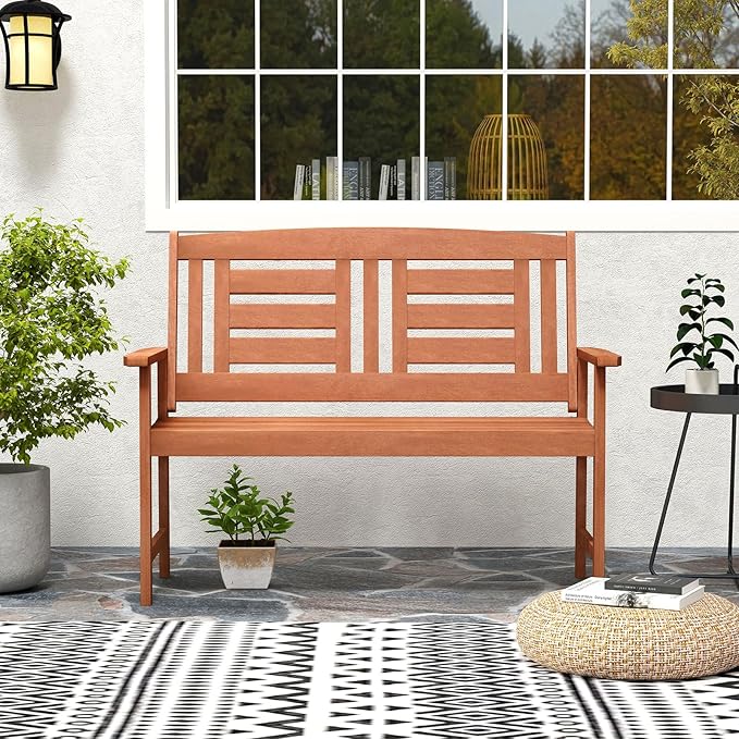 Byroce 2-Person Outdoor Bench, Solid Wood Patio Loveseat with Comfy Backrest & Armrest, Heavy Duty Garden Bench for Outdoors Backyard, Park, Balcony & Front Porch, Teak Oil Rubbed (Vertical Slat)