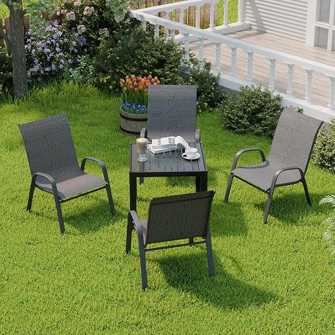 Patio Chairs, Stackable Outdoor Dining Chairs for All Weather, Metal Modern Outside Furniture Chair for Pool Side, Garden, Backyard Deck, Set of 4, Dark Grey