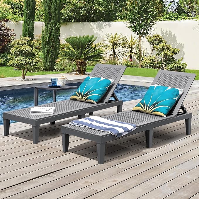 GUNJI Lounge Chairs for Outside Patio Waterproof Resin Chaise Lounge Outdoor Adjustable Lounge Chairs Set of 2 Pool Chairs Sun Loungers for Deck, Poolside and Beach (Gray)
