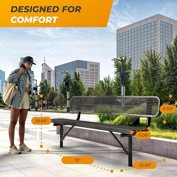 Heavy-Duty Outdoor Metal Bench, Thermoplastic-Coated, Inground, Weatherproof, Commercial-Grade for Parks, Gardens - Photo 4