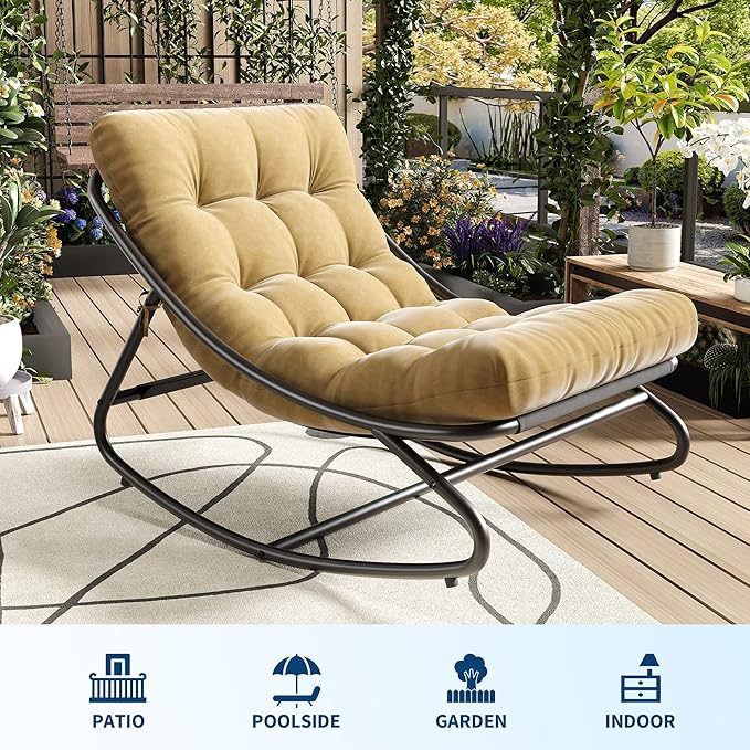 PeakPursuit Indoor Outdoor Papasan Rocking Chair with Cushion, Oversized Outdoor Rocking Chair, All Weather Rocking Papasan Chair for Bedroom/Living Room/Porch/Garden/Patio