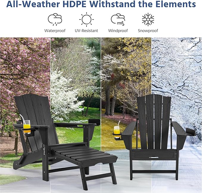 Yaheetech Adirondack Chair with Retractable Ottoman, All Weather Patio Folding Fire Pit Chair with Cup Holder and Phone Holder for Outdoor Poolside, Black