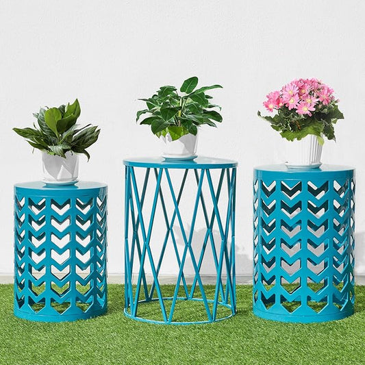 Nesting Side Table Set of 3 Decorative Round Garden Stools for Indoor Outdoor Heavy Duty Metal Frame Side Table Nightstands Modern End Table Plant Stand, Blue
