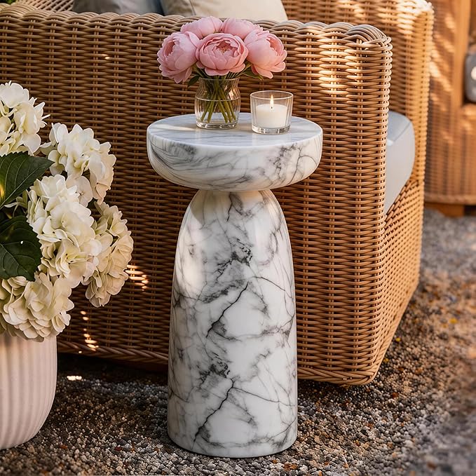 Marble Side Table, 24" Modern Accent Table with Pedestal Stand, Durable Faux Marble Side Table for Small Spaces, Marble Look Coffee Table Accent Drink Tables for Living Room Patio Balcony