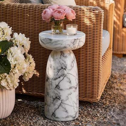 Marble Side Table, 24" Modern Accent Table with Pedestal Stand, Durable Faux Marble Side Table for Small Spaces, Marble Look Coffee Table Accent Drink Tables for Living Room Patio Balcony