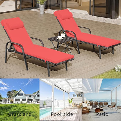 Patio Chaise Lounge Set 3 Pieces Outdoor Lounge Chair with Rattan Adjustable Backrest Armrest and Folding Table for Beach Patio,Sand, for Poolside Backyard Porch