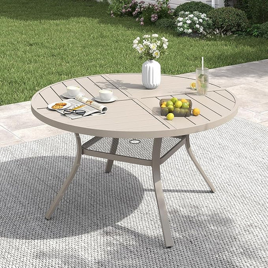 VICLLAX 40.6" Round Patio Table with Umbrella Hole, All Weather Metal Outdoor Dining Table for 4, Outside Table with Storage Shelf for Lawn Garden, Sandshell Color