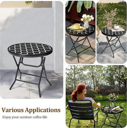 Foldable Patio Side Tables, 17.7" Small End Table Outdoor Weatherproof, Round Glass Top Outside Folding Table for Poolside, Balcony, Yard, Porch（Black and White Stripe）