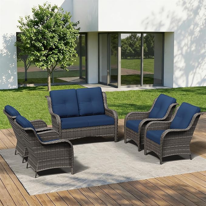 5 Piece Outdoor Wicker Patio Furniture Set, Patio Chairs Set with Thickened Olefin Cushions, High Back and Deep Seating - Photo 1