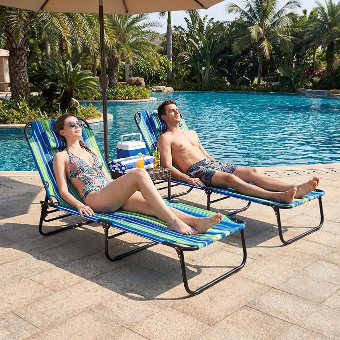 COSTWAY Tanning Chair with Face Hole, Pillows & Adjustable Backrest, Folding Chaise Lounge for Sunbathing, Beach, Seaside (1, Blue & Green)