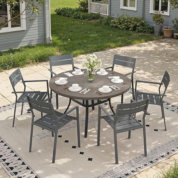 47.2" Patio Dining Table for 6, Round Outdoor Metal Dining Table with Umbrella Hole for Lawn Garden Backyard, Grey