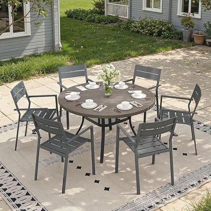 47.2" Patio Dining Table for 6, Round Outdoor Metal Dining Table with Umbrella Hole for Lawn Garden Backyard, Grey