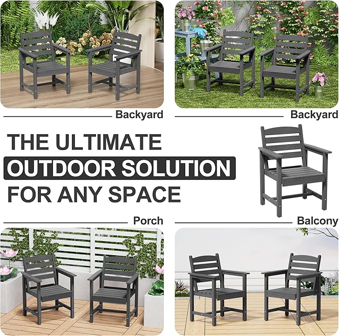 Scurrty Plastic Adirondack Chairs Set of 2, Patio Chairs with Wood Texture,Lawn Fire Pit Deck Porch Garden Chairs for Adults (Grey)