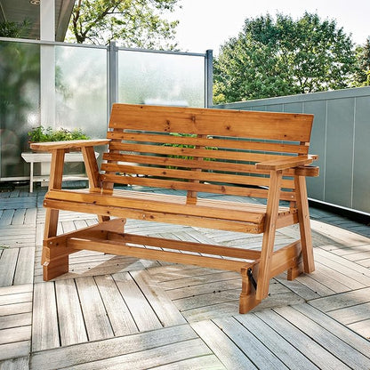 HOMREST Wooden Patio Glider Bench with Cup Holders, Heavy Duty 900LBS Outdoor Loveseat Glider with Ergonomic Deep Contoured Seat and High Roll Back for Garden Porch Balcony (4Ft 2-Seater, Brown)