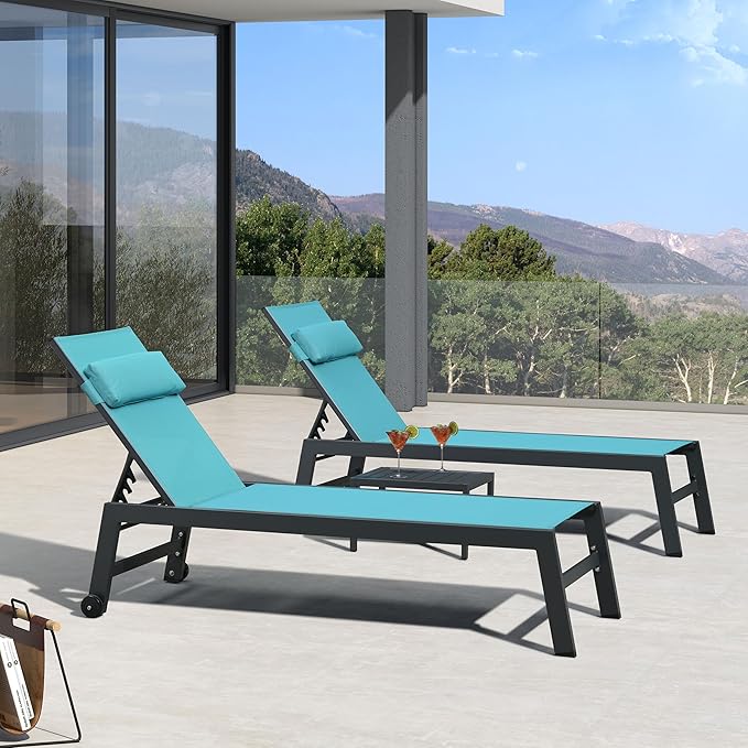 PURPLE LEAF Outdoor Lounge Chair Set of 3 Patio Chaise Pool Lounger Aluminum Frame with Side Table and Wheels for Outside Sunbathing Tanning Recliner Including Pillows Turquoise Blue