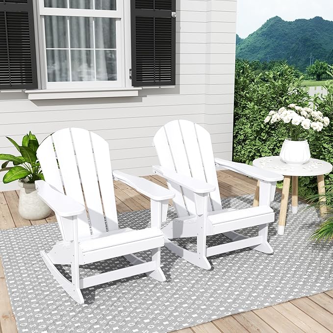 Costaelm Outdoor Adirondack Chair Set of 2, All Weather Resistant Classic Balcony Chair and Fire Pit Chairs, Plastic Outdoor Porch Furniture Rocking Chair High Back HDPE Poly Lumber, White