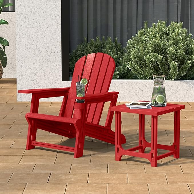 Costaelm Cayman 2-Piece HDPE Plastic Adirondack Patio Chair Set with 18" Side Table, Red