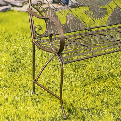 Classic Iron Garden Bench with Nature Scenery (Flying Eagle Backrest in Bronze)