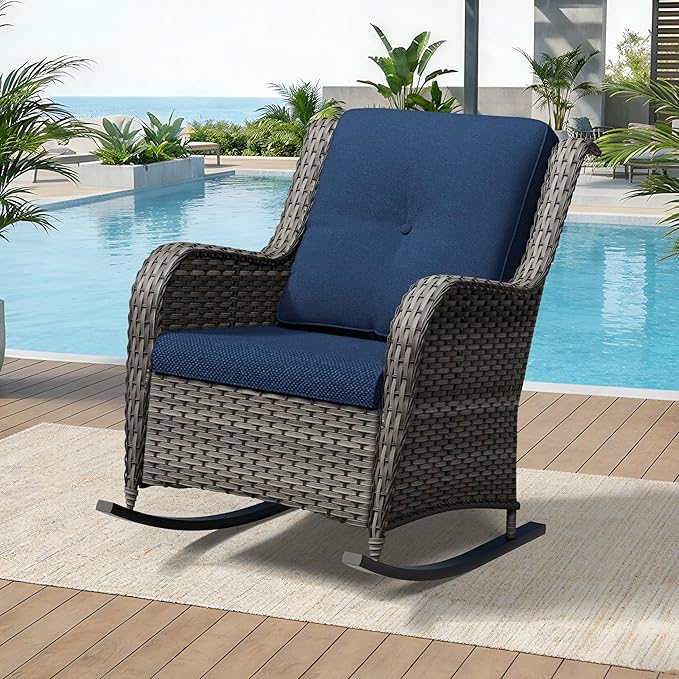 Outdoor Rocking Chair, Wicker Patio Chair with Thickened Olefin Cushions, High Back and Deep Seating, Hand-Woven PE Rattan for Porch, Deck, Balcony, Blue