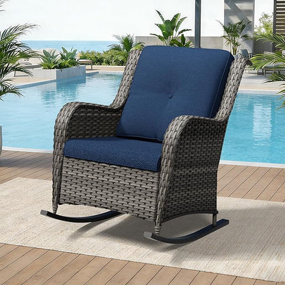 Outdoor Rocking Chair, Wicker Patio Chair with Thickened Olefin Cushions, High Back and Deep Seating, Hand-Woven PE Rattan for Porch, Deck, Balcony, Blue