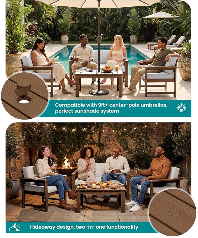 SERWALL HDPE Outdoor Loveseat with Cushions, All Weather Use Outdoor Loveseat Sofa, Brown Frame/Khaki Cushion - Photo 8