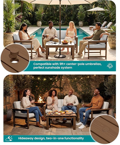 SERWALL HDPE Outdoor Loveseat with Cushions, All Weather Use Outdoor Loveseat Sofa, Brown Frame/Khaki Cushion