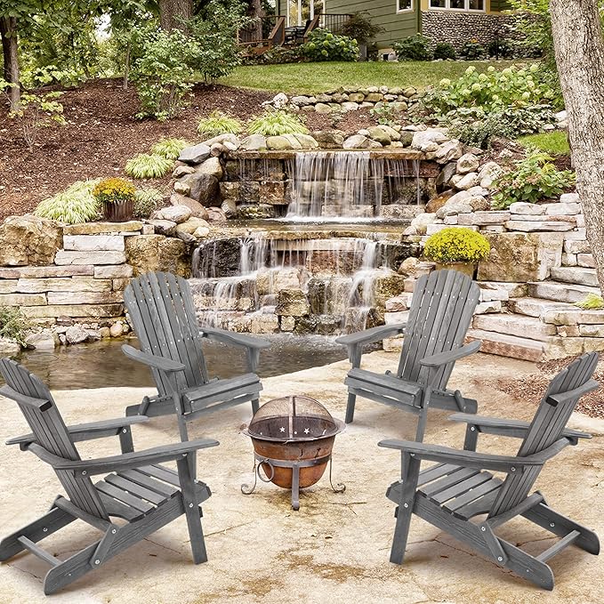 Wooden Folding Adirondack Chair Set of 2, Wood Lounge Patio Chair for Garden Outdoor - Photo 8