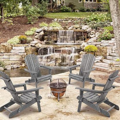 Wooden Folding Adirondack Chair Set of 2, Wood Lounge Patio Chair for Garden Outdoor, Solid Cedar Wood Lounge Patio Chair for Garden, Lawn, Backyard, Grey
