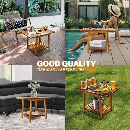 ENKEZI Acacia 24 Inches Outdoor Side Table, 2-Tier Sturdy Patio, End Table Weather Resistant, Strong Stability Side Table for Patio, Pool, Porch, Teak Finish (Large)