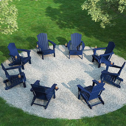 Folding Adirondack Chair Set of 8,HDPE All-Weather Outdoor Chair with Cup Holder,Wooden Textured,Fire Pit Chair,Plastic Patio Chair for Deck,Backyard,Garden,Lawn(Navy Blue)