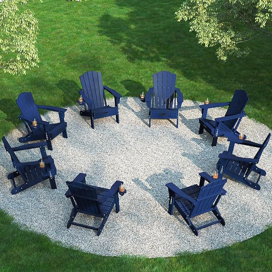 Folding Adirondack Chair Set of 8,HDPE All-Weather Outdoor Chair with Cup Holder,Wooden Textured,Fire Pit Chair,Plastic Patio Chair for Deck,Backyard,Garden,Lawn(Navy Blue)