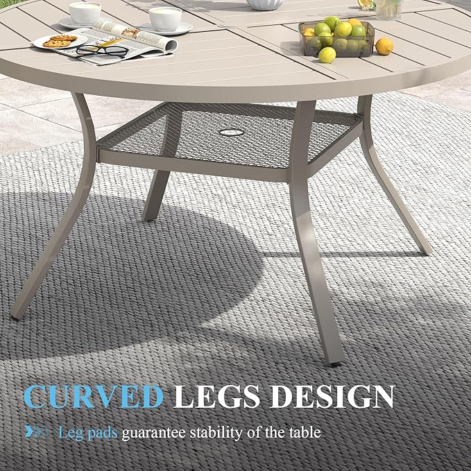 VICLLAX 47.2" Round Patio Table with Umbrella Hole, All Weather Metal Outdoor Dining Table for 6, Outside Table with Storage Shelf for Lawn Garden, Sandshell Color