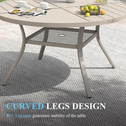 VICLLAX 40.6" Round Patio Table with Umbrella Hole, All Weather Metal Outdoor Dining Table for 4, Outside Table with Storage Shelf for Lawn Garden, Sandshell Color