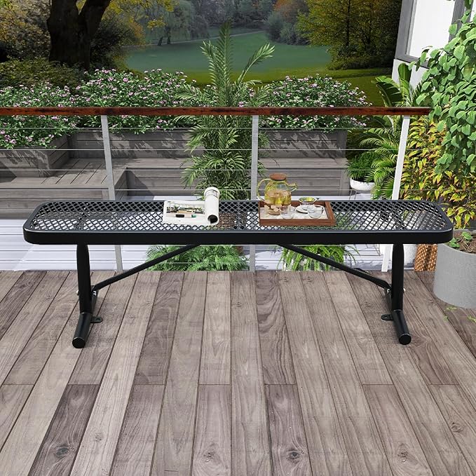 6FT Metal Park Bench for Outside, All-Weather Thermoplastic Coating Outdoor Bench with Anchor, Commercial Heavy Duty Benches for Shopping Malls, Stores, Parks, Patios, Decks, Black