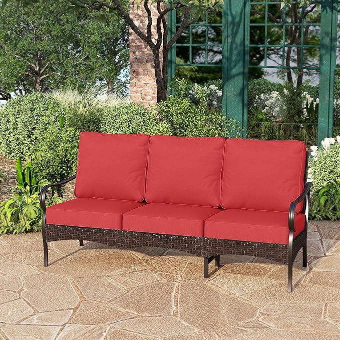 Wicker & Metal Outdoor Patio Couch, 3-Seat Patio Sofa with Deep Seating for Front Porch, Deck, Balcony, Backyard - Photo 1
