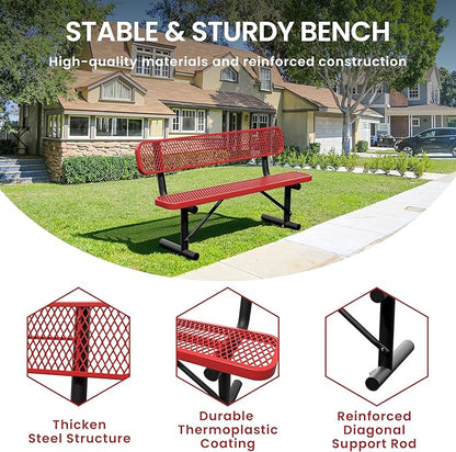 6 Feet Steel Park Bench for Outside, Outdoor Bench with Backrest & Portable Frame, Commercial Benches for Shopping Malls, Stores, Parks, Patios, Decks, Red