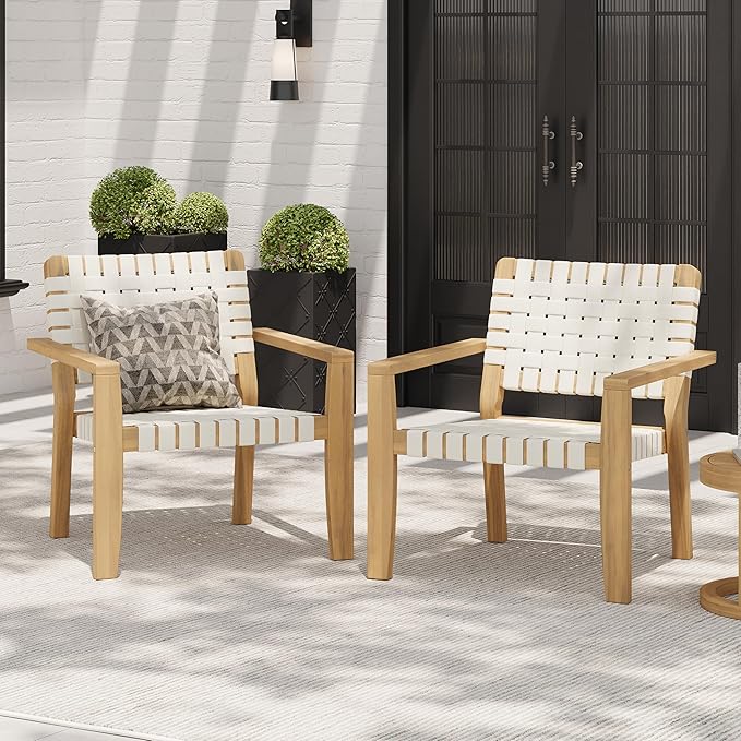 Merax Patio Furniture Acacia Wood Armchair Set of 2, 2 Pieces Woven Rope Outdoor Lounge Chair - Photo 1
