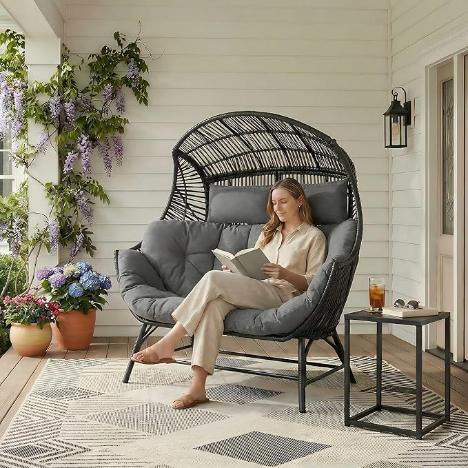 IRONCK 2 Person Egg Chair Indoor Outdoor, Double Lounge Chair, Update Frame, Cushions and Headrests, 700 lbs Egg Loveseat for Garden, Porch, Living Room, Gray