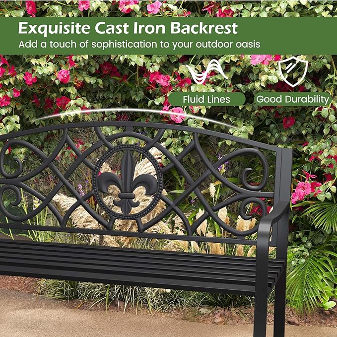 Giantex 50.5” Outdoor Bench with Metal Frame, Floral Design Cast Iron Backrest, Slatted Seat, Adjustable Foot Pads - Photo 5