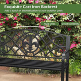 Giantex 50.5” Outdoor Bench with Metal Frame, Floral Design Cast Iron Backrest, Slatted Seat, Adjustable Foot Pads - Photo 5