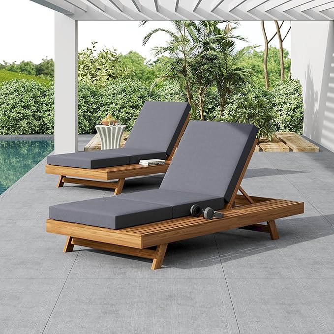 Merax Acacia Wood Chaise Lounge Chair Outdoor Set of 2, Patio Recliner with 4 Position Adjustable Backrest and 4" Thick Triple-fold Cushion