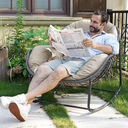 Oversized Rocking Chair Outdoor, Rocking Papasan Chair, Patio Egg Chair with Padded Cushion, Outdoor Wicker Rocking Chair for Front Porch, Garden, Patio(Beige)
