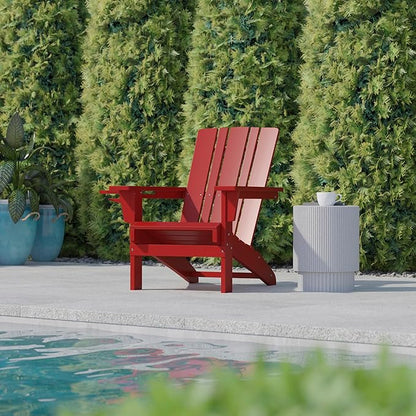 Flash Furniture Halifax Adirondack Chairs with Cup Holders, Weather Resistant Poly Resin Adirondack Chairs, Set of 2, Red
