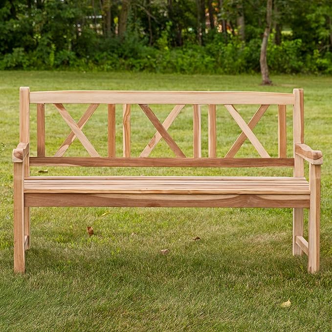 Sunnydaze 2-Person Outdoor Bench for Front Porch or Park - Wooden Teak Patio Garden Bench with Backrest - 675 lb Weight Capacity - Crossback