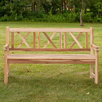 Sunnydaze 2-Person Outdoor Bench for Front Porch or Park - Wooden Teak Patio Garden Bench with Backrest - 675 lb Weight Capacity - Crossback
